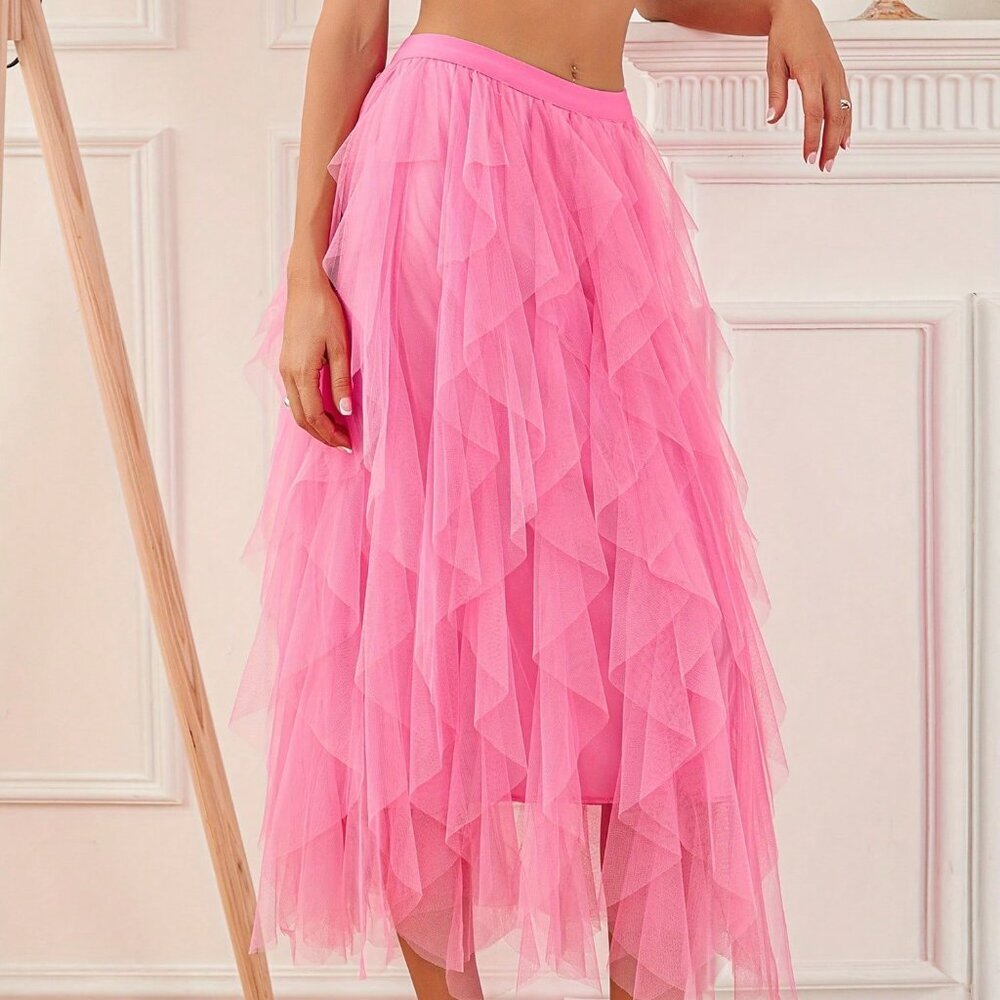 Pink Elegant Women's Sexy Long High Waist Tulle Skirt - Picture 3 of 8